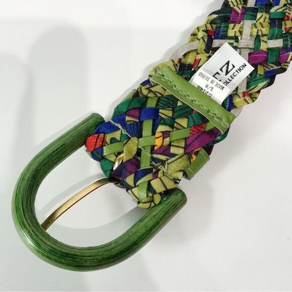 Vintage Ritz Bright Bamboo Buckle Lime Green Purple Woven Braided Belt Tropical - Picture 12 of 15